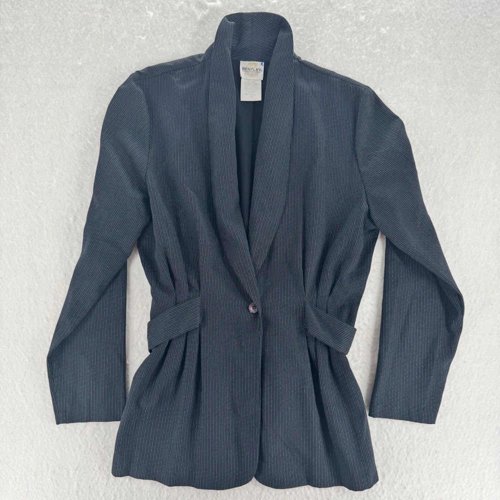 VTG Bentley - Pinstripe Shawl Collar Cinched Blazer - Black - 7/8 - Womens